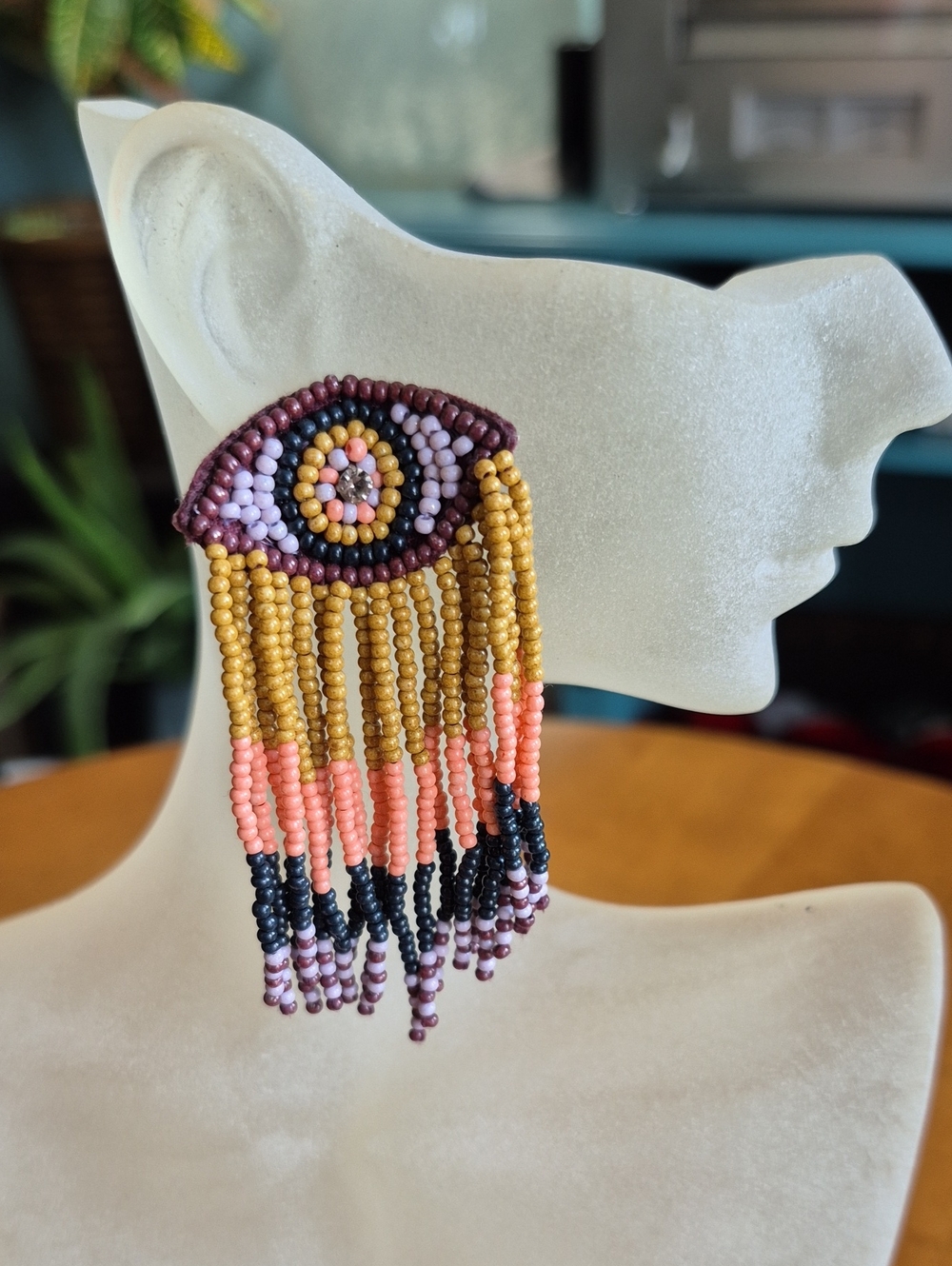 Beaded Fringe Eye Statement Earring — Brown, Pink & Black